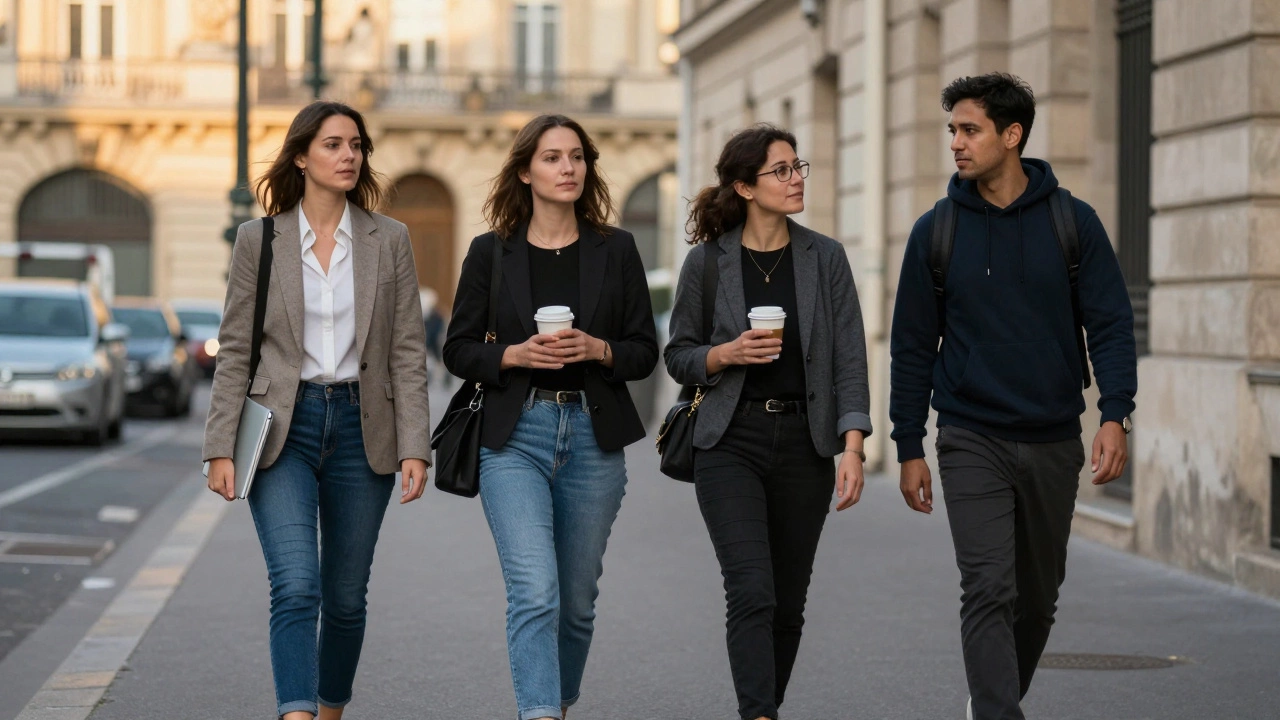 Three professionals in casual attire walking together on a Paris street at golden hour.
